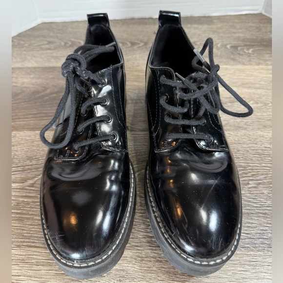 Zara Shoes Womens sz:8.5 Black Patent Oxford Platform Chunky Dark Academia Goth - Picture 7 of 9